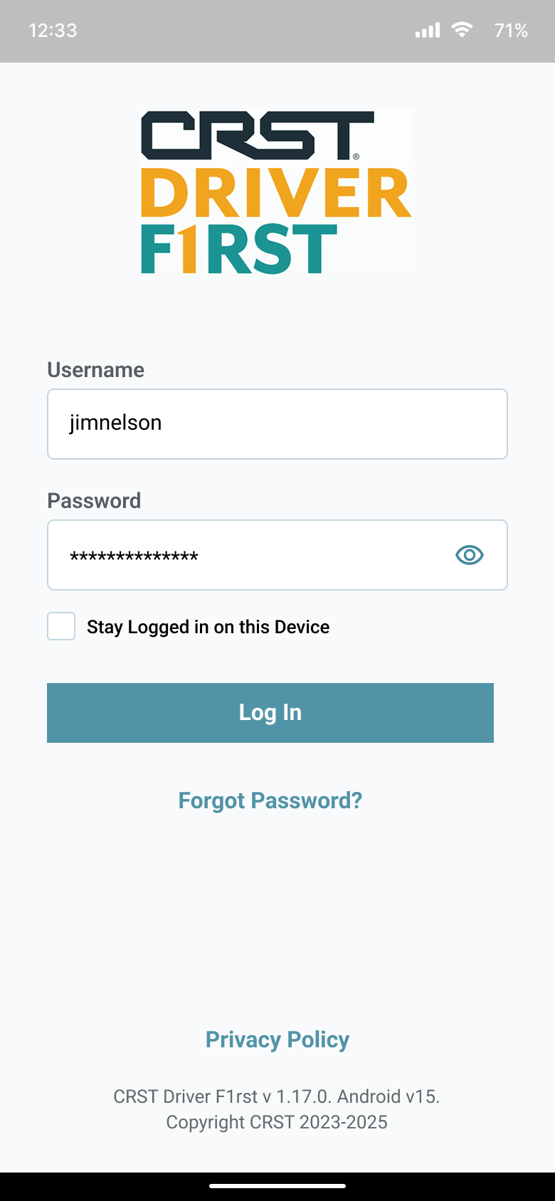 Driver mobile app username and password form with mobile keyboard