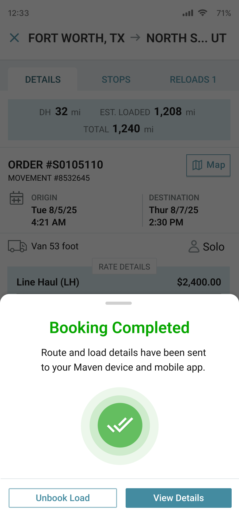 Driver mobile app confirm and book load screen