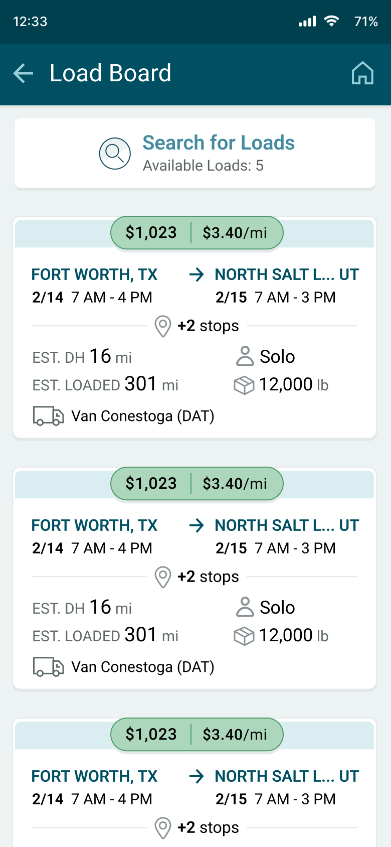 Driver mobile app Load Board search screen with filters