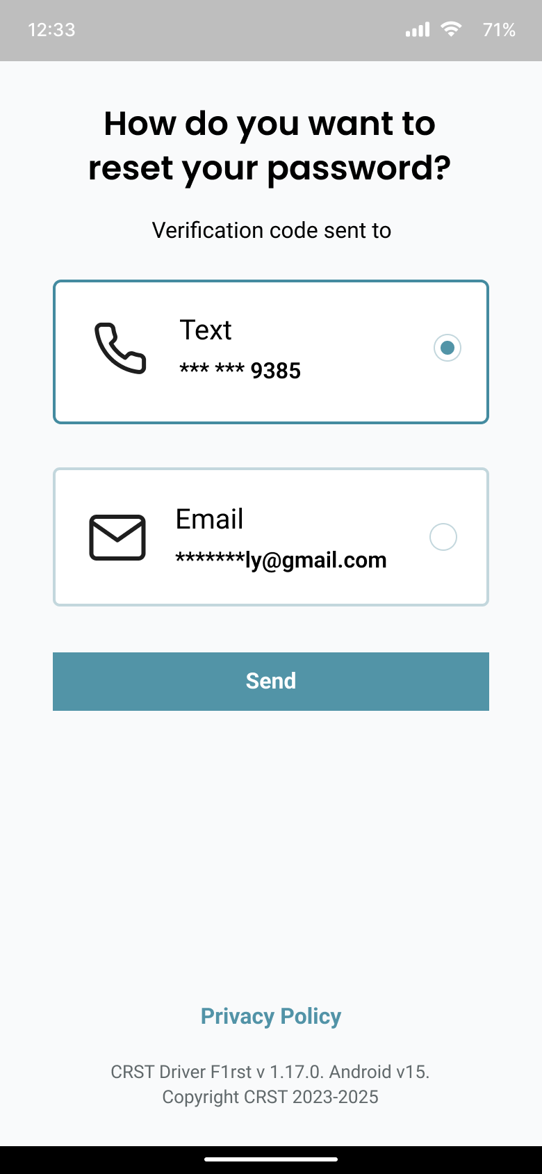 Driver mobile app two-factor method selection screen
