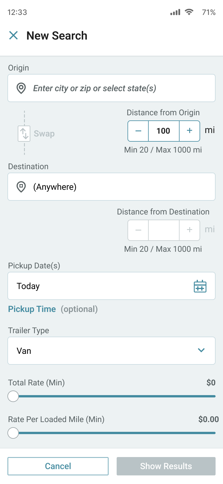 Driver mobile app Load Board filter sheet