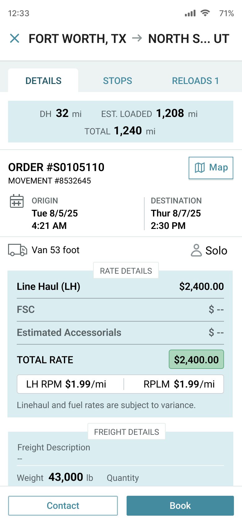 Driver mobile app Load Board load details screen
