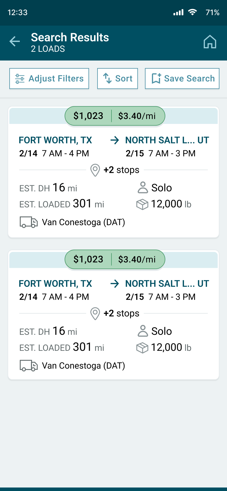 Driver mobile app Load Board results list
