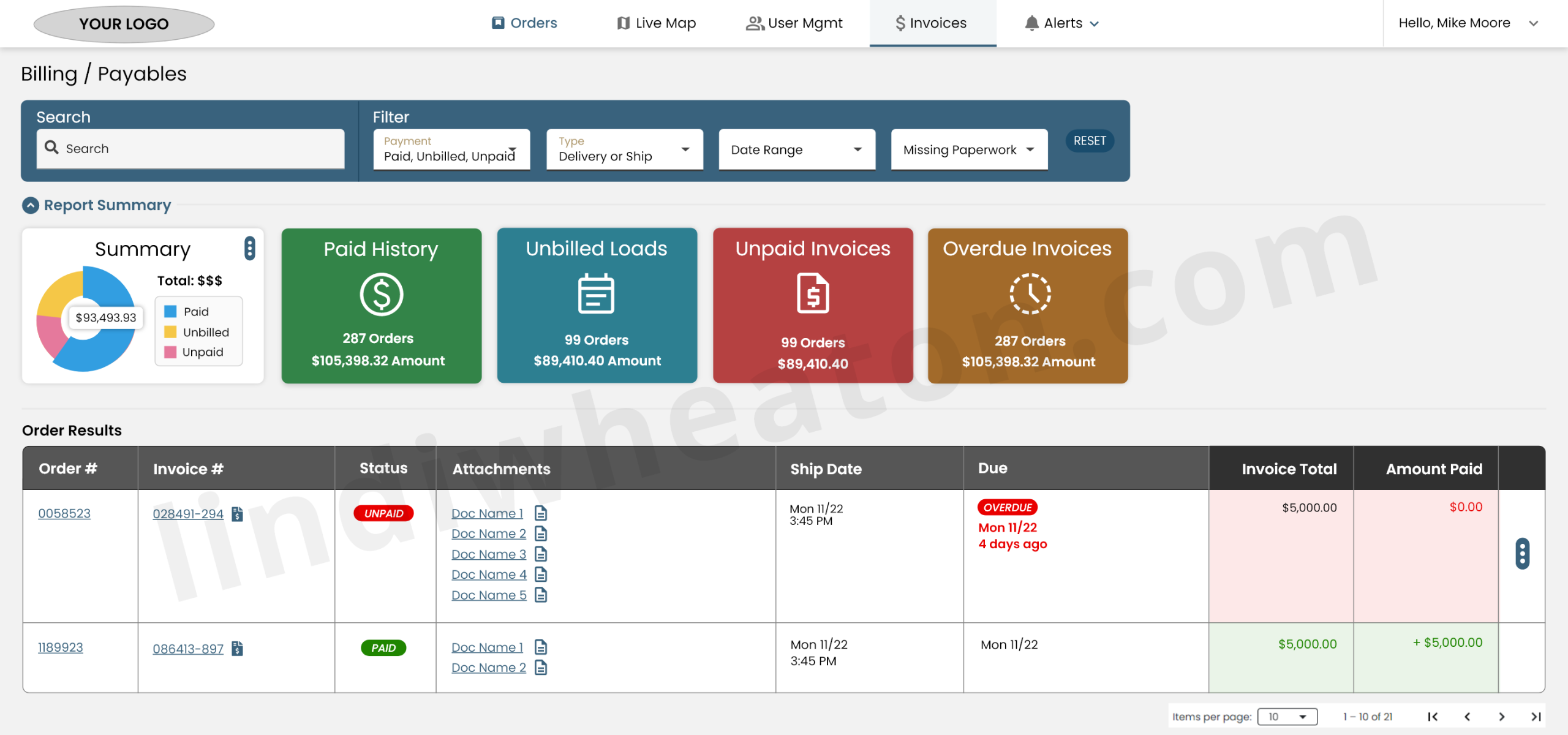Carrier portal billing and payables dashboard