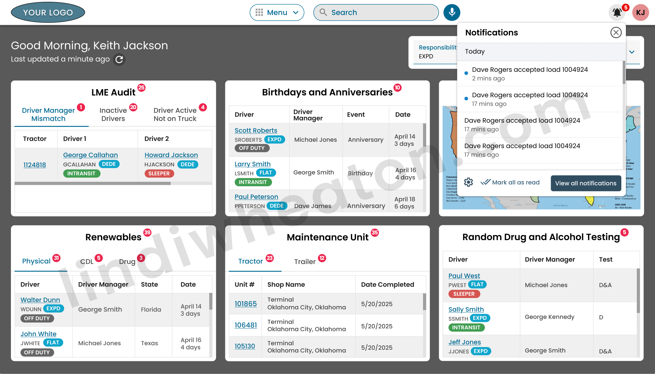 Enterprise dispatch dashboard with intelligent freight visibility, live map tracking, and workflow coordination