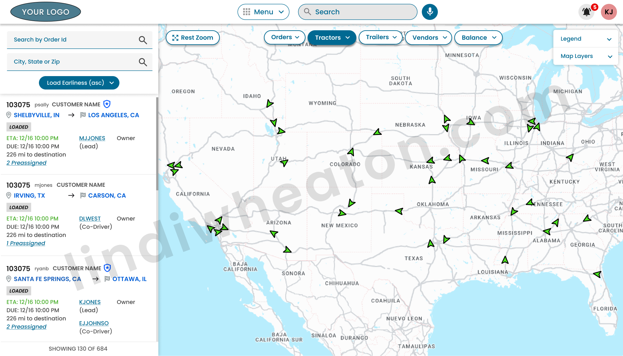 Dispatch Live map screen with equipment and load overlays across the United States
