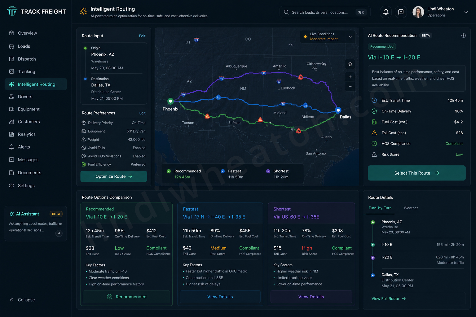 Enterprise freight operations dashboard showing route visibility, shipment risk, operational priority, and intelligent decision support.
