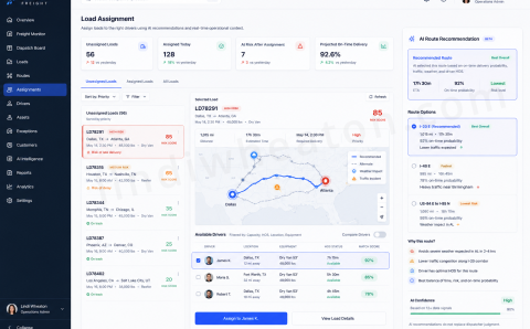 Enterprise freight load assignment dashboard showing AI-assisted route recommendations, operational risk scoring, and dispatch workflow visibility.