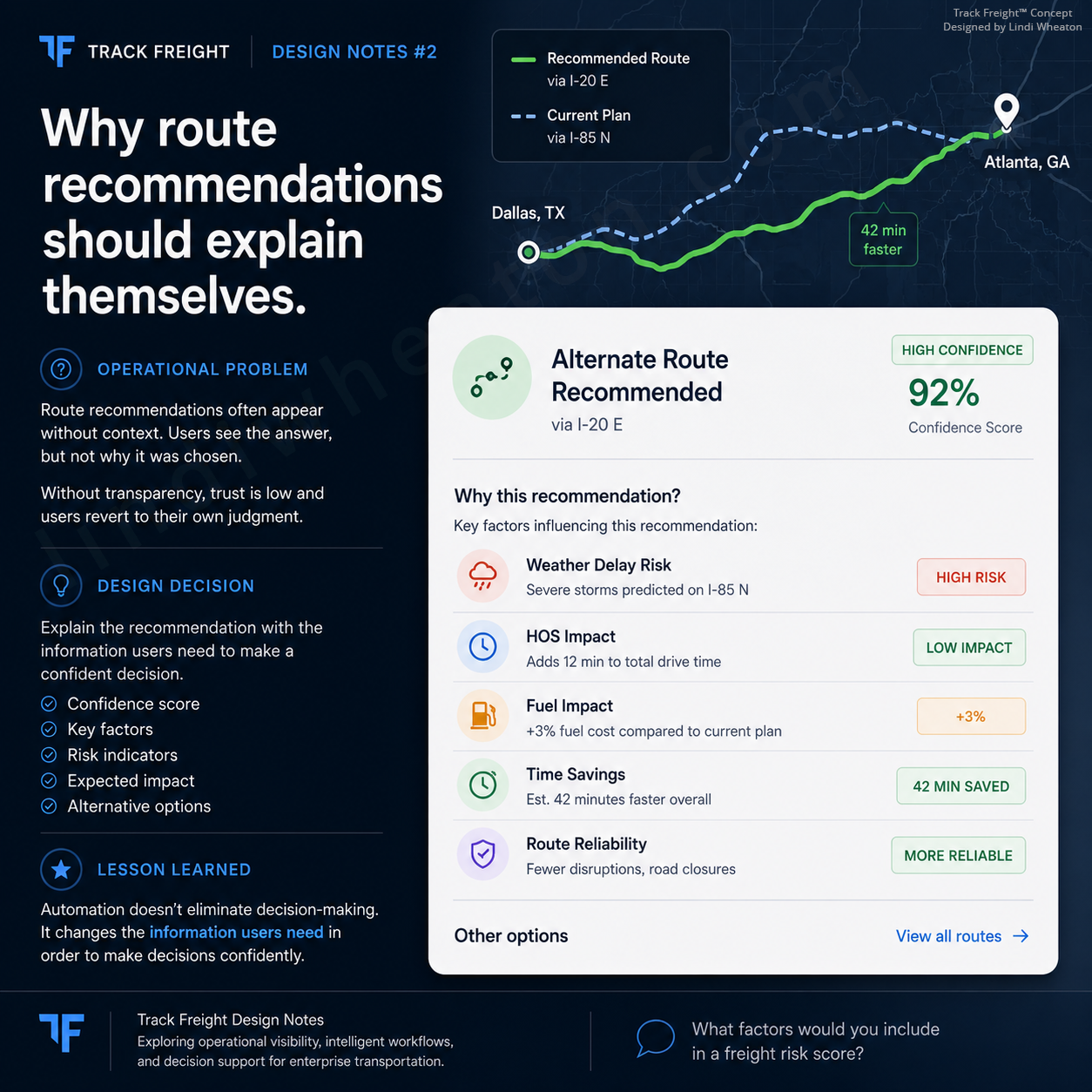 Enterprise freight routing dashboard showing recommended routes, live traffic, weather conditions, and route comparison analysis.
