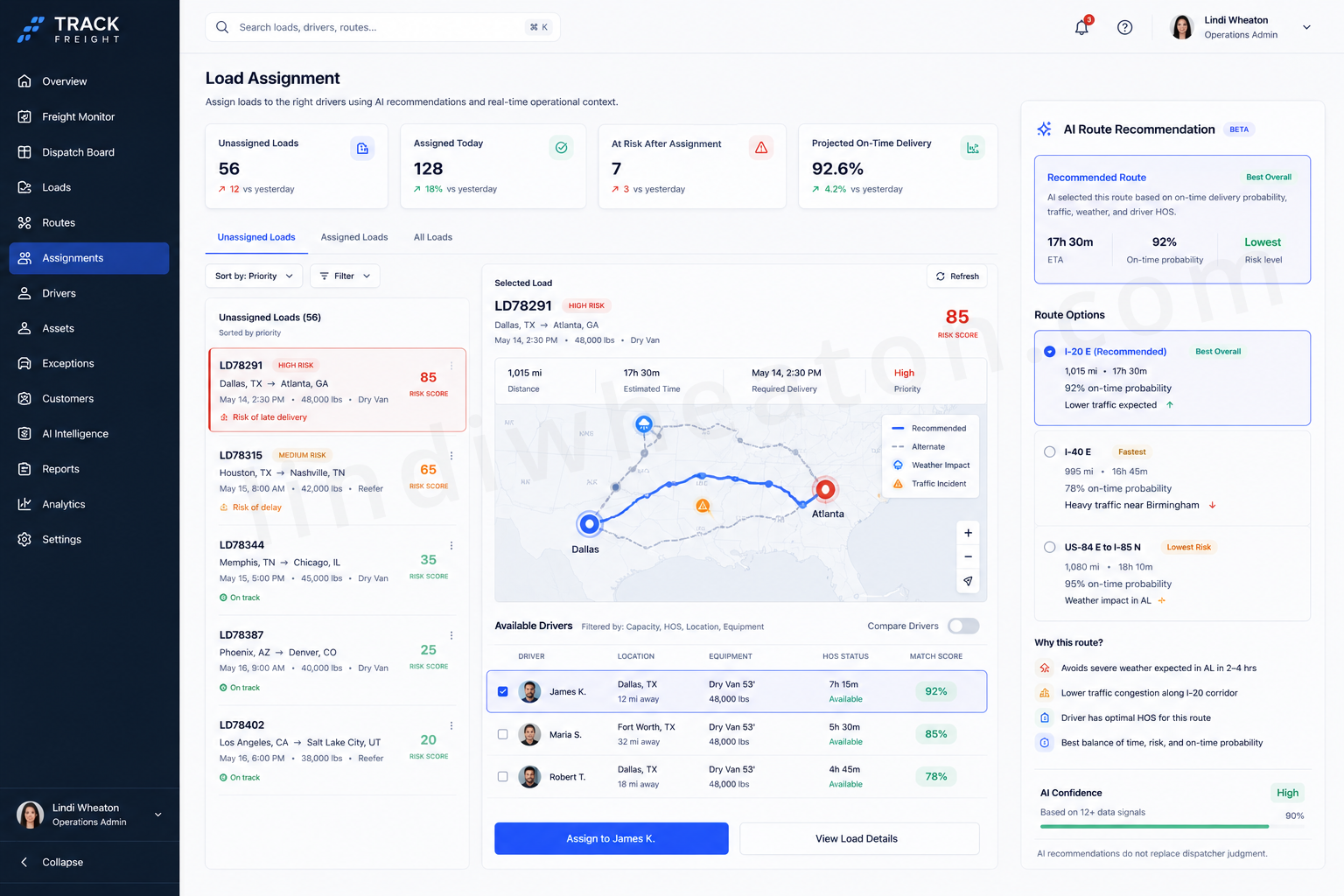 Track Freight load assignment dashboard with prioritized freight, route context, and driver match recommendations.